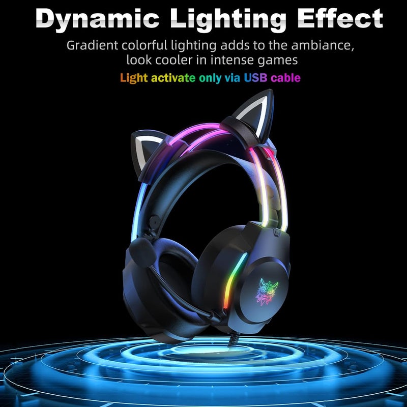 ONITOON Gaming Headset with Microphone, Cat Ear Headphones for PC Laptop PS4 PS5 Xbox Switch, Rainbow RGB Lighting & Virtual Surround Sound, 3.5mm Wired Over Ear Headphones, Ergonomic - Image 2