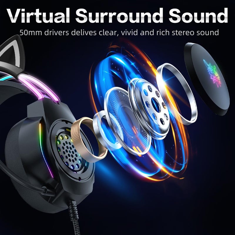 ONITOON Gaming Headset with Microphone, Cat Ear Headphones for PC Laptop PS4 PS5 Xbox Switch, Rainbow RGB Lighting & Virtual Surround Sound, 3.5mm Wired Over Ear Headphones, Ergonomic - Image 3