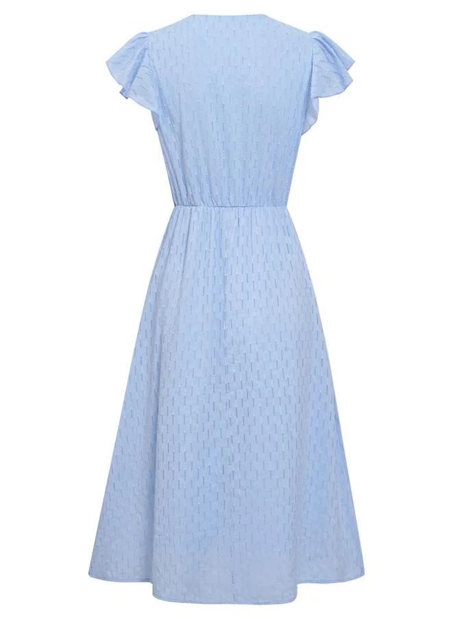 Take Two Casual Blue Solid Ruffle Sleeve V Neck Midi Dress