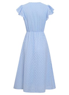 Take Two Casual Blue Solid Ruffle Sleeve V Neck Midi Dress  - Image 2