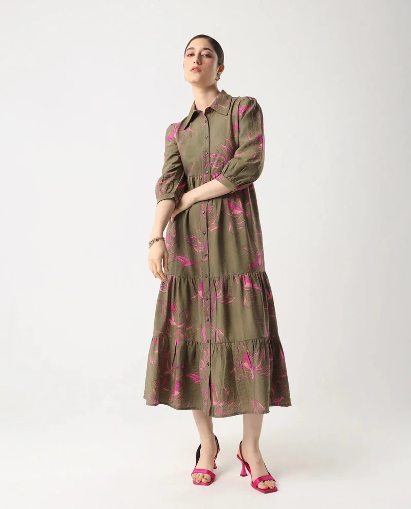 Rareism Women's Printed Maxi Tier Shirt Dress