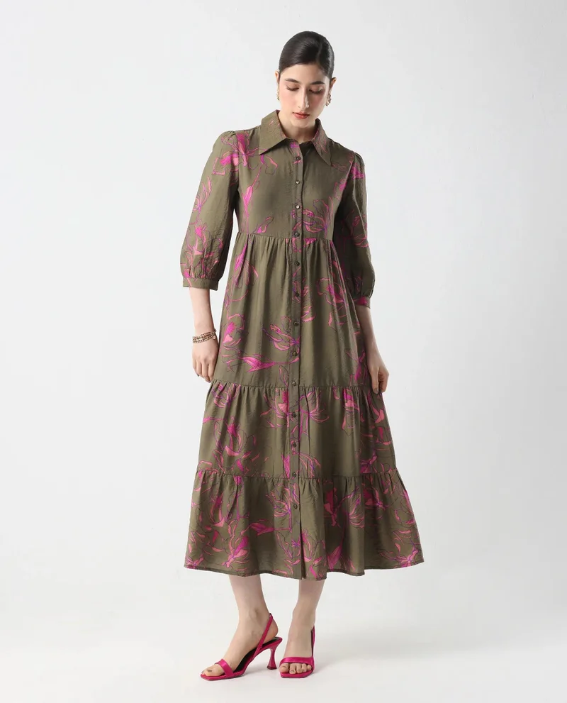 ريريزم Women's Printed Maxi Tier Shirt Dress