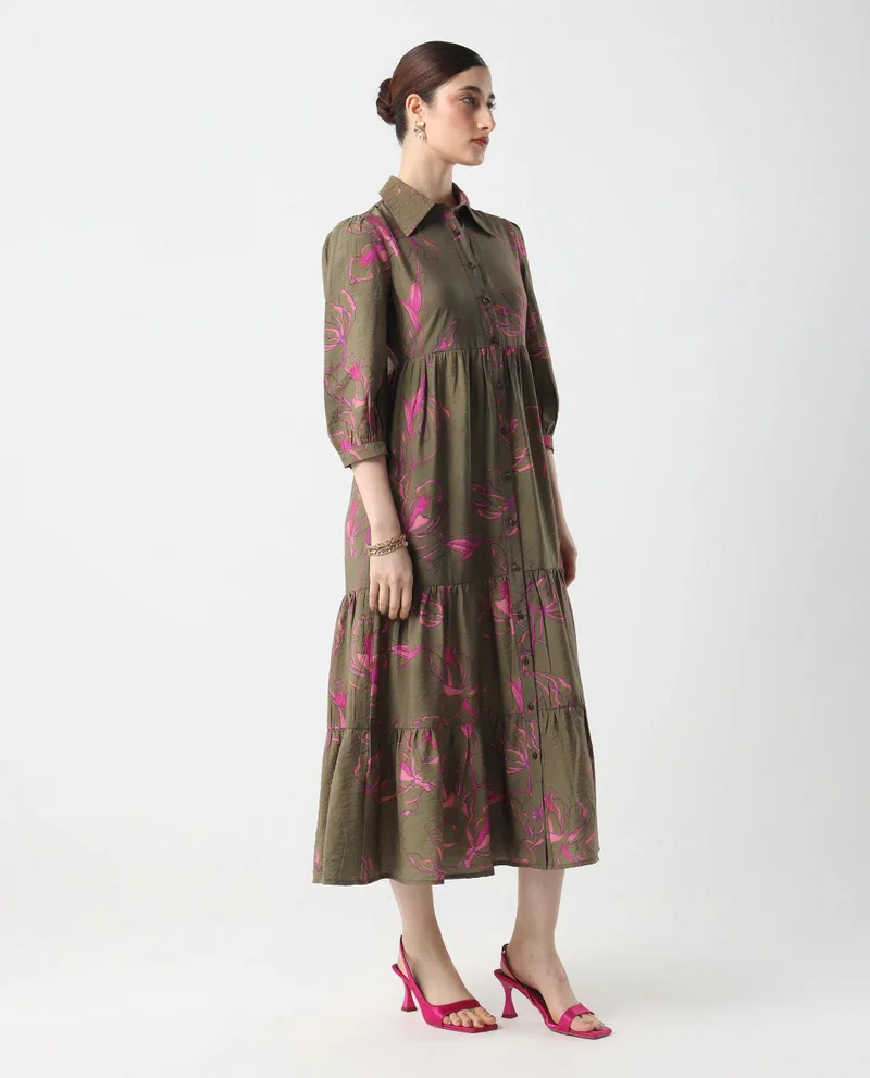 Rareism Women's Printed Maxi Tier Shirt Dress