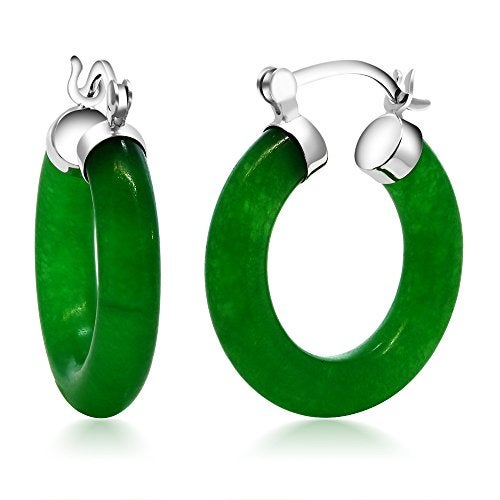 Gem Stone King Green Jade Hoop Earrings | 925 Sterling Silver | 1/2 Inch Diameter | Classic Hoop Earrings With Hinge and Notched Post - Image 1
