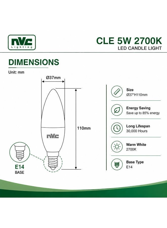 NVC Candle Light LED CLE 5W 2700K E14 Ultra Warm Decorative Lighting (Chandeliers / Wall Lamps / Bedroom Ambience) - Image 4