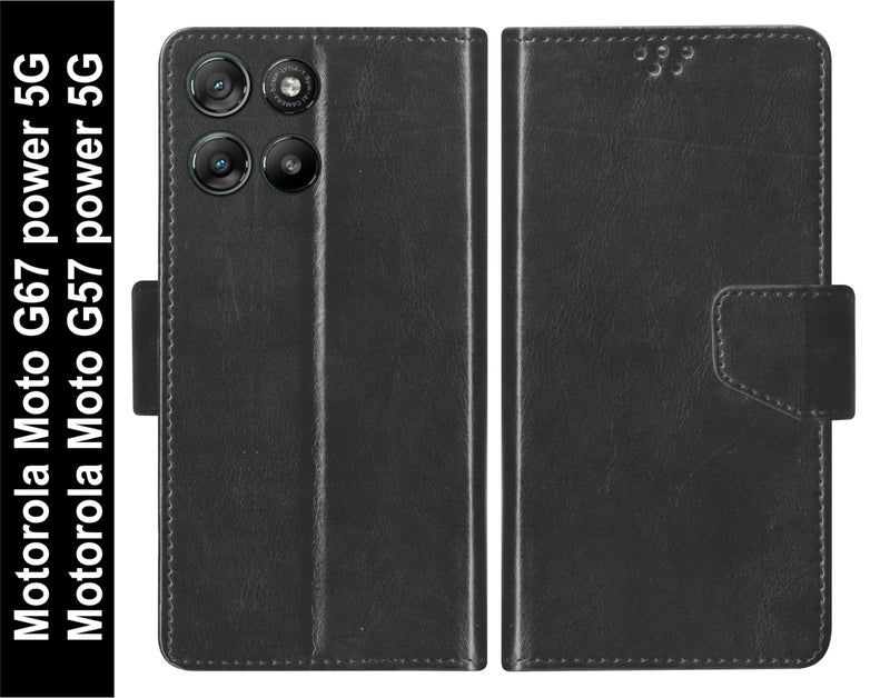 SBMS Flip Cover for Motorola Moto G67 Power 5G / Moto G57 Power Back Cover Case with Magnatic Closure | Genuine Leather Finish | Inbuilt Stand | Card & Money Pocket | Wallet Style Case (Black) - Image 2