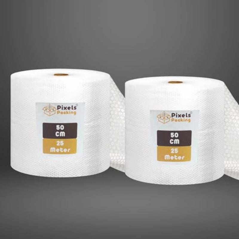 2 رول فقاعات شفافة، عرض 50 سم × طول 25 متر، متعددة الاستخدام للتغليف والشحن والتعبئة والنقل - Image 1