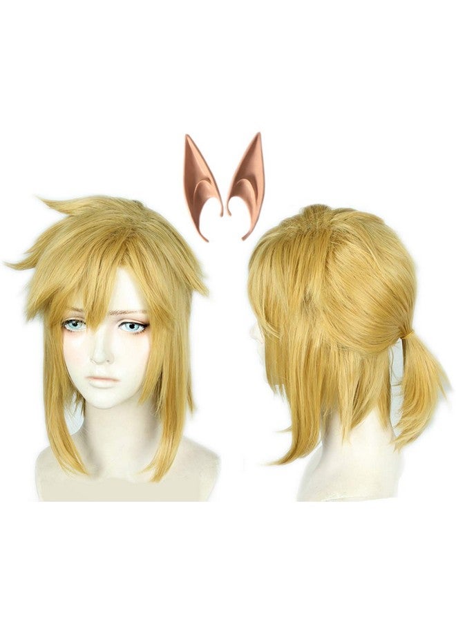 Linfairy Short Blonde Wig Halloween Cosplay Wig For Men Braid with 2 Elf Ear - Image 1