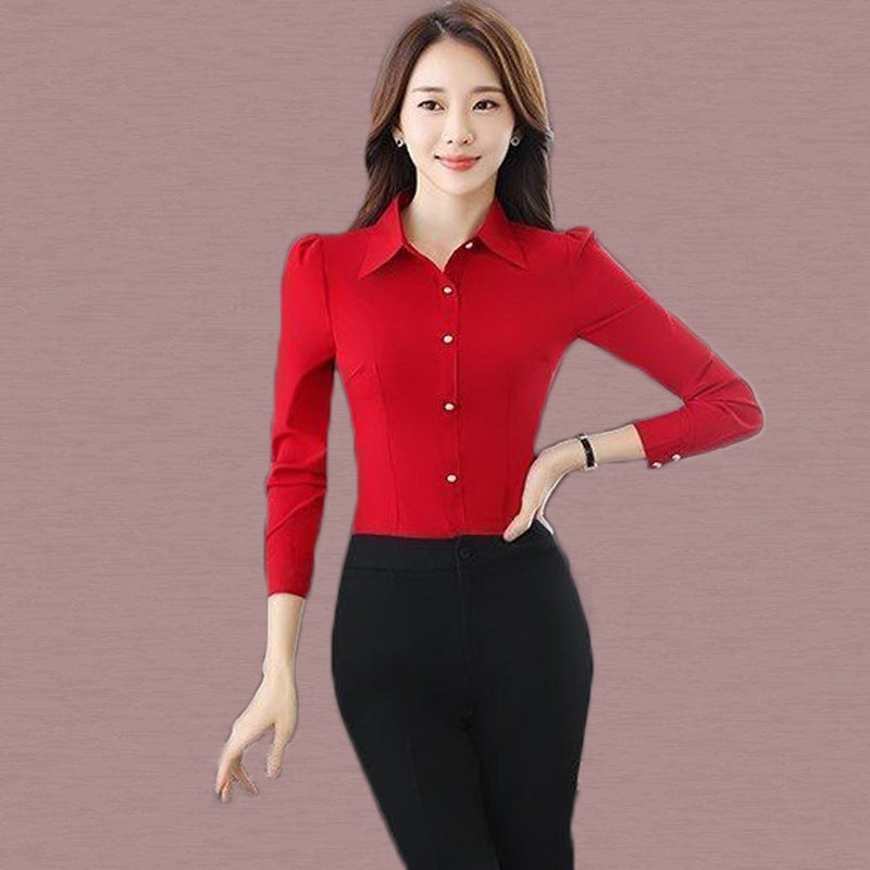Korean Style Red Black Slim-fit Womens Long Sleeve Shirt Red - Image 1