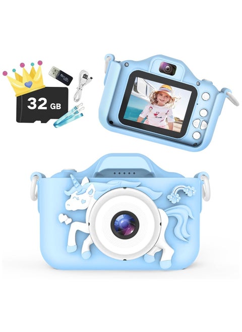 1080P Kids Camera, Children Digital Video Camcorder Camera with Unicorn SoftSilicone, Digital Multi-Functional Child Camera, with 2Inch Screen 20MP 32GB Card Toys for 3-10 Years kids (Blue)