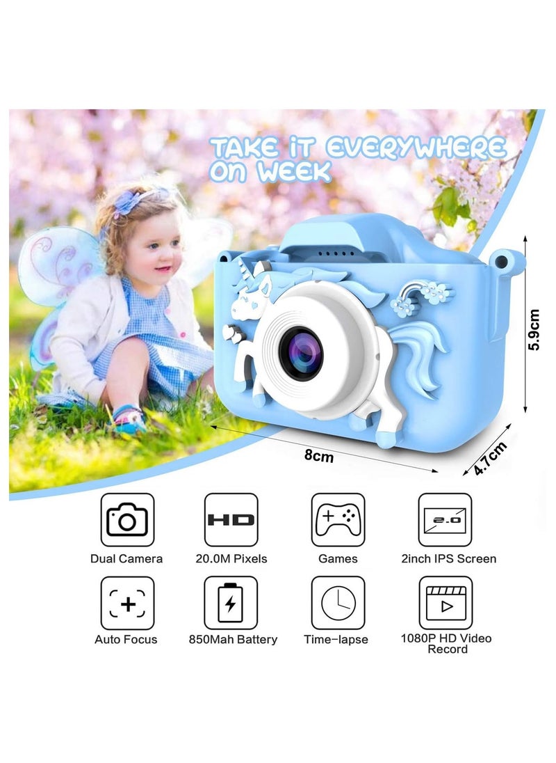 1080P Kids Camera, Children Digital Video Camcorder Camera with Unicorn SoftSilicone, Digital Multi-Functional Child Camera, with 2Inch Screen 20MP 32GB Card Toys for 3-10 Years kids (Blue)