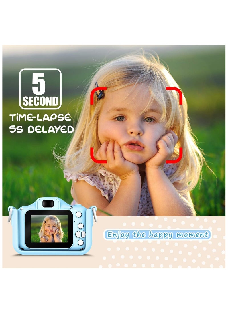 1080P Kids Camera, Children Digital Video Camcorder Camera with Unicorn SoftSilicone, Digital Multi-Functional Child Camera, with 2Inch Screen 20MP 32GB Card Toys for 3-10 Years kids (Blue)