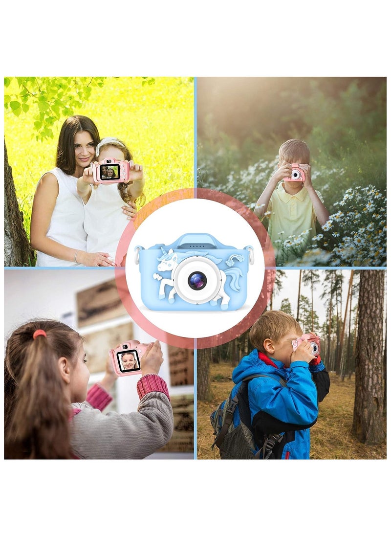 1080P Kids Camera, Children Digital Video Camcorder Camera with Unicorn SoftSilicone, Digital Multi-Functional Child Camera, with 2Inch Screen 20MP 32GB Card Toys for 3-10 Years kids (Blue)
