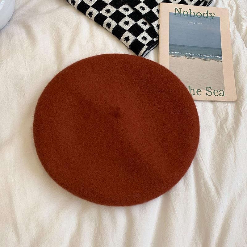 Womens Autumn/winter Korean Style Vintage Candy Color Woolen Beret Hat Self-designed Warm Stylish For Skullies Beanies Brick Red 