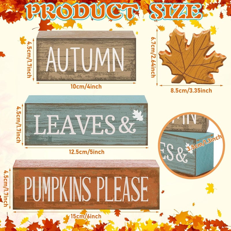Lineshading 4 Pcs Thanksgiving Decorations for Home Fall Decor Wooden Maple Leaf Thanksgiving Table Centerpiece Fall Tiered Tray Rustic Wood Maple Leaf Block Sign Farmhouse for Home Kitchen Shelf - Image 3