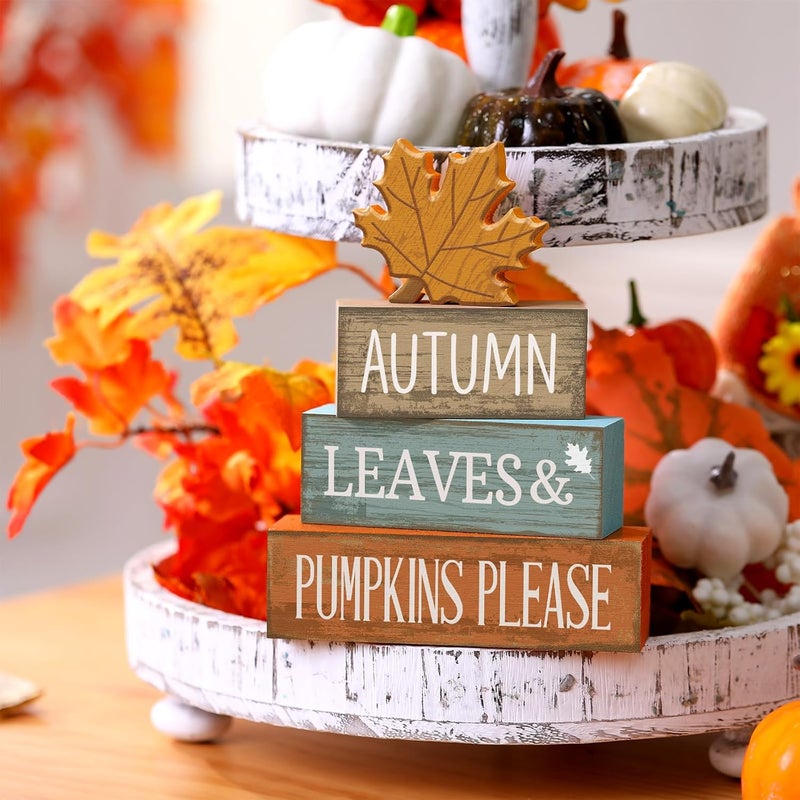 Lineshading 4 Pcs Thanksgiving Decorations for Home Fall Decor Wooden Maple Leaf Thanksgiving Table Centerpiece Fall Tiered Tray Rustic Wood Maple Leaf Block Sign Farmhouse for Home Kitchen Shelf - Image 5