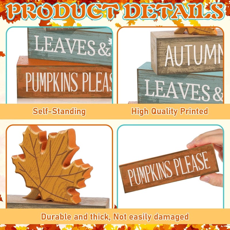 Lineshading 4 Pcs Thanksgiving Decorations for Home Fall Decor Wooden Maple Leaf Thanksgiving Table Centerpiece Fall Tiered Tray Rustic Wood Maple Leaf Block Sign Farmhouse for Home Kitchen Shelf - Image 4