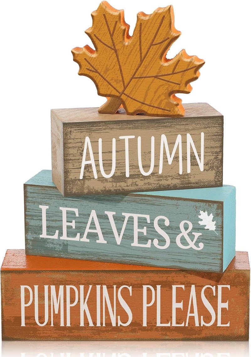 Lineshading 4 Pcs Thanksgiving Decorations for Home Fall Decor Wooden Maple Leaf Thanksgiving Table Centerpiece Fall Tiered Tray Rustic Wood Maple Leaf Block Sign Farmhouse for Home Kitchen Shelf - Image 1