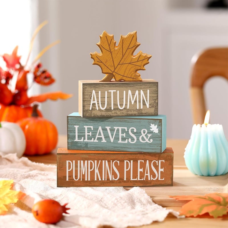 Lineshading 4 Pcs Thanksgiving Decorations for Home Fall Decor Wooden Maple Leaf Thanksgiving Table Centerpiece Fall Tiered Tray Rustic Wood Maple Leaf Block Sign Farmhouse for Home Kitchen Shelf - Image 2