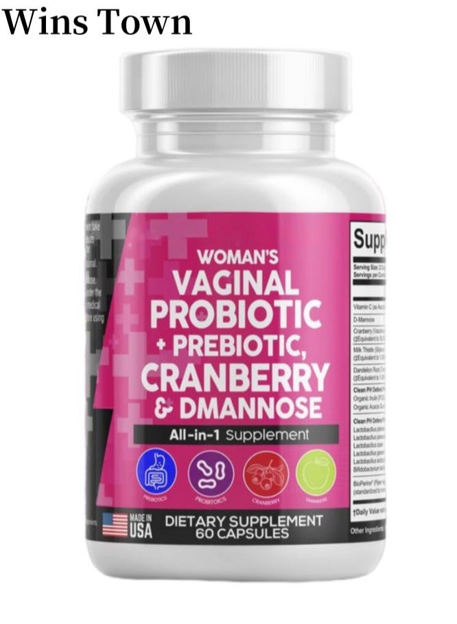 Wins Town Probiotics for Women + Prebiotics 20 Billion Cranberry Pills 30,000mg w/D-Mannose 500 mg for Urinary Tract Health pH Balance - Womens Vitamins for l Health 60 Capsules  - Image 1