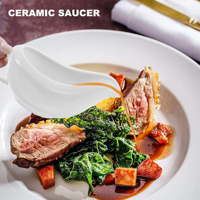 Creamer Pitcher Sauce Pourer Sauce Boat with Saucer Gravy Boat and Tray Ceramic Gravy Pourer for Salad Dressings Broth Creamer Pepper Dishes Gravy Holder Coffee Creamer - Image 3