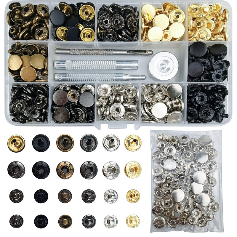 TmppDeco 158 Sets Brass Snaps 12.5mm With 4 Setting Tools, 6-Color Snap Buttons, No Sewing, Clothes, Jackets, Leather, Jeans Bracelets, Bags - Image 1