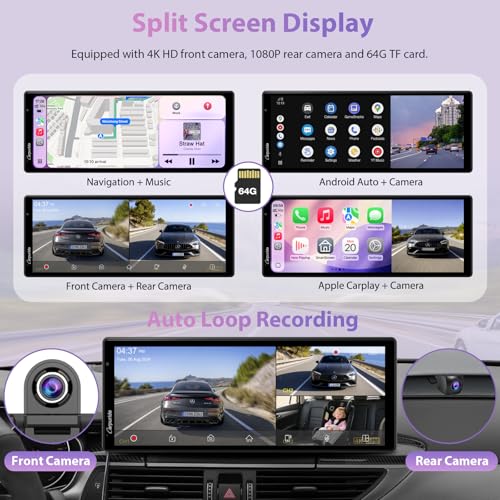 CarpurideW903S3 9.33 Inch HD Wireless Carplay & Android Auto Screen, 4K Front + Wired 1080P Rear + Infrared Camera, with Loop Recording, Bluetooth, Voice Control, GPS, FM, Super Link, 64GB TF - Image 3