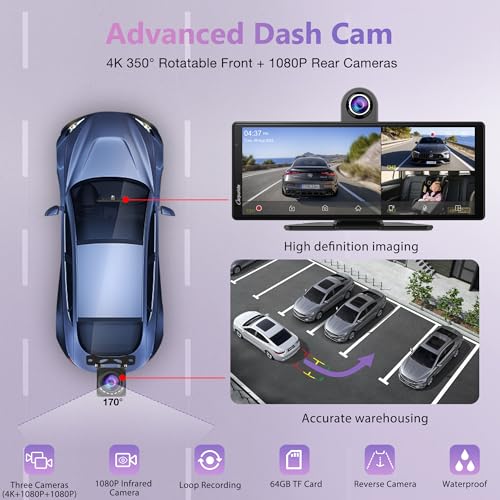 CarpurideW903S3 9.33 Inch HD Wireless Carplay & Android Auto Screen, 4K Front + Wired 1080P Rear + Infrared Camera, with Loop Recording, Bluetooth, Voice Control, GPS, FM, Super Link, 64GB TF - Image 4