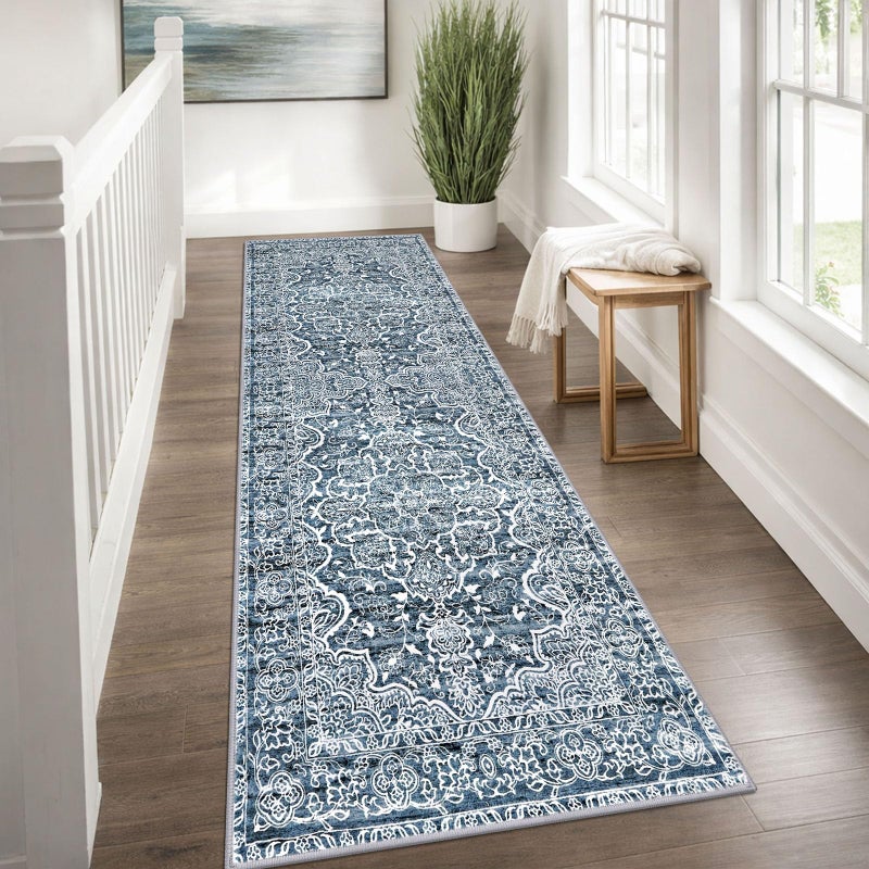 KUTA Vintage Washable Runner Rug, 2.6x8 Runners for Hallways Non-Slip Blue White Kitchen Rugs Ultra Soft Printed Tribal Floor Carpet for Bedroom Living Room Nursery Playroom - Image 3