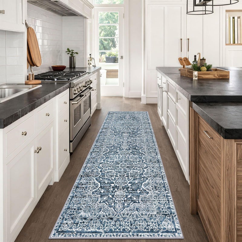 KUTA Vintage Washable Runner Rug, 2.6x8 Runners for Hallways Non-Slip Blue White Kitchen Rugs Ultra Soft Printed Tribal Floor Carpet for Bedroom Living Room Nursery Playroom - Image 2