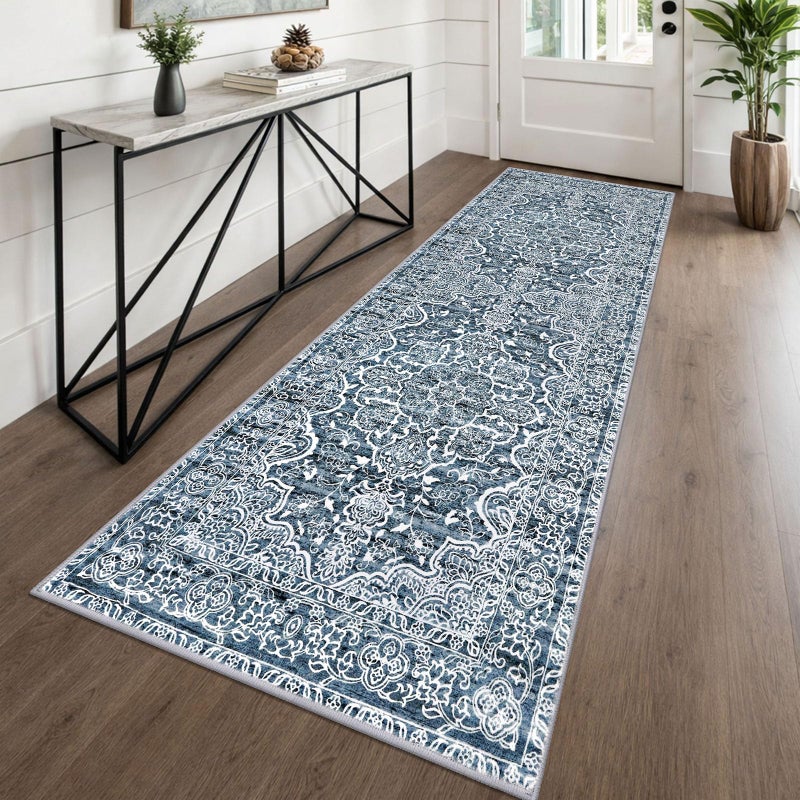KUTA Vintage Washable Runner Rug, 2.6x8 Runners for Hallways Non-Slip Blue White Kitchen Rugs Ultra Soft Printed Tribal Floor Carpet for Bedroom Living Room Nursery Playroom - Image 1
