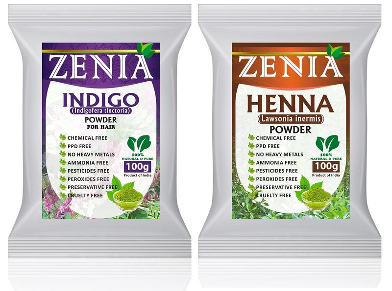 zenia مجموعة صبغة الشعر من زينيا 100% مسحوق النيلي النقي ومسحوق الحناء | لتلوين الشعر واللحية باللون الأسود | 100 جرام لكل منهما | طبيعي بالكامل، خالي من المواد الكيميائية، خالي من PPD، خالي من الأمونيا - Image 1