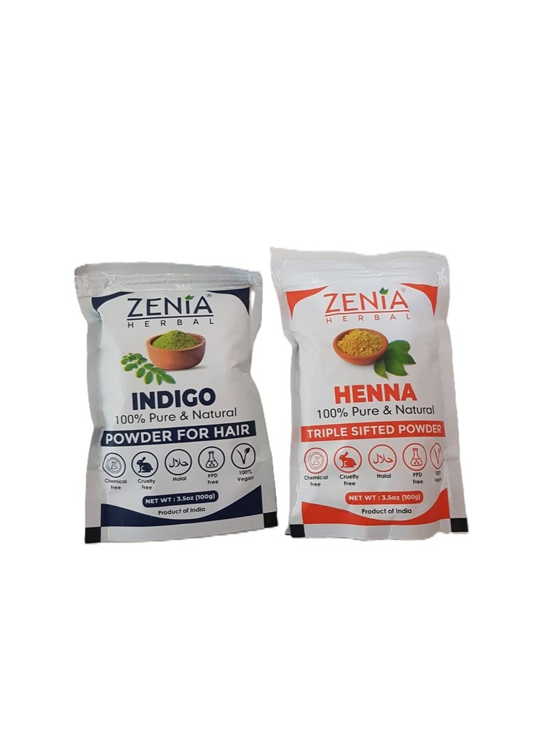 zenia مجموعة صبغة الشعر من زينيا 100% مسحوق النيلي النقي ومسحوق الحناء | لتلوين الشعر واللحية باللون الأسود | 100 جرام لكل منهما | طبيعي بالكامل، خالي من المواد الكيميائية، خالي من PPD، خالي من الأمونيا - Image 2