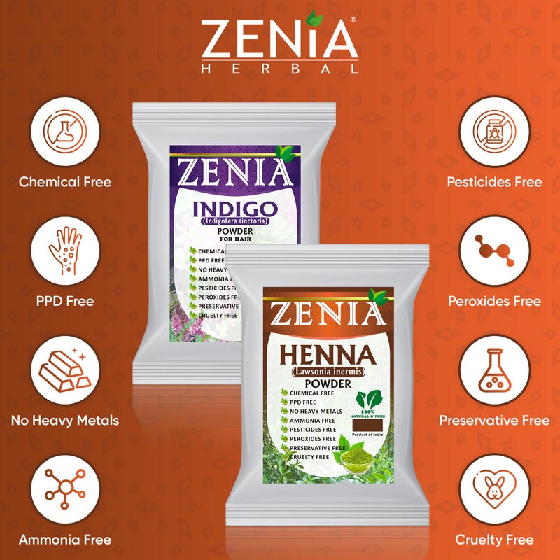 zenia مجموعة صبغة الشعر من زينيا 100% مسحوق النيلي النقي ومسحوق الحناء | لتلوين الشعر واللحية باللون الأسود | 100 جرام لكل منهما | طبيعي بالكامل، خالي من المواد الكيميائية، خالي من PPD، خالي من الأمونيا - Image 3