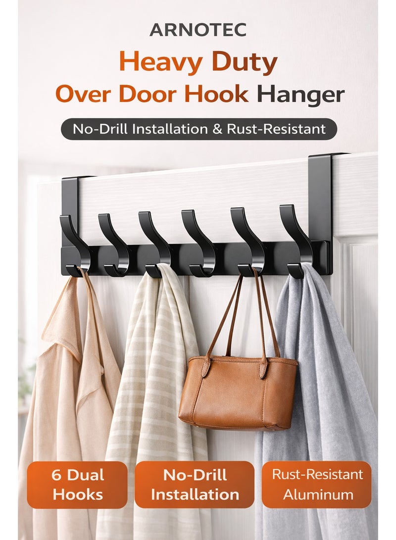 ARNOTEC Over Door Hook Hanger, Heavy Duty Aluminum Over the Door Rack with 6 Dual Hooks, Rust-Resistant Space-Saving Door Organizer for Coats, Towels, Bags, and Robes, No Drilling Installation (Black) - Image 1