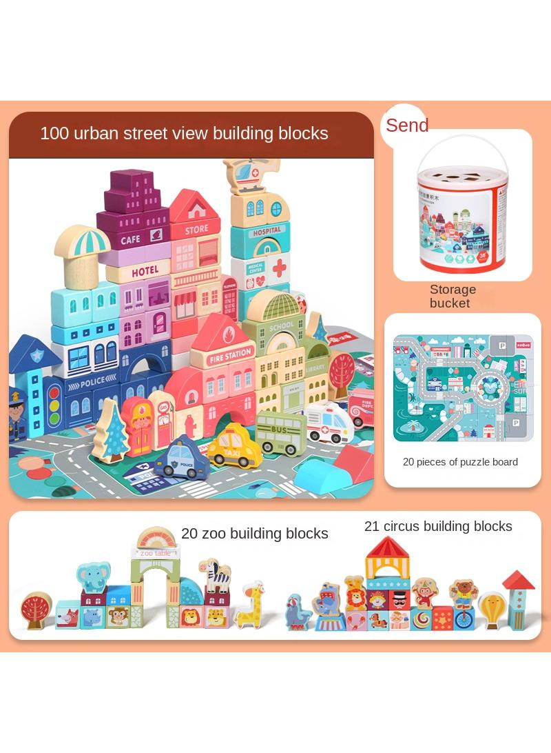 Y&D Wooden Building Block City Street View Colorful Character Animal Car Large Particle Building Block Set  - Image 1