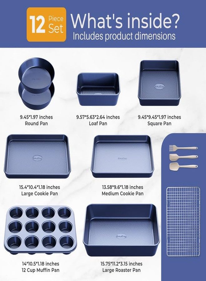 Slow Slog 12-Piece Oven Safe Nonstick Bakeware Set with Baking Pan, Cake Pan, Muffin Pan, Loaf Pan, Square Pan, Roasting Pan, Cookie Pan, Cooling Rack & Utensils - Ceramic Coated Blue - Image 2
