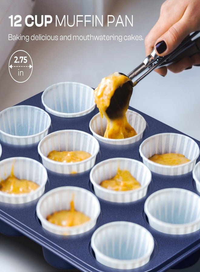 Slow Slog 12-Piece Oven Safe Nonstick Bakeware Set with Baking Pan, Cake Pan, Muffin Pan, Loaf Pan, Square Pan, Roasting Pan, Cookie Pan, Cooling Rack & Utensils - Ceramic Coated Blue - Image 4