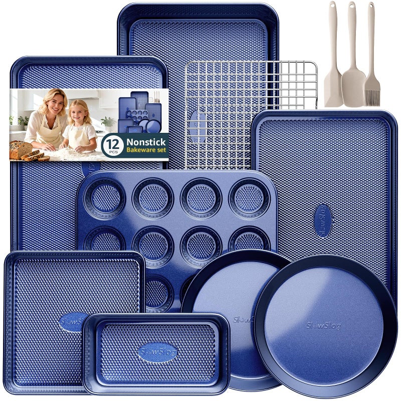Slow Slog 12-Piece Oven Safe Nonstick Bakeware Set with Baking Pan, Cake Pan, Muffin Pan, Loaf Pan, Square Pan, Roasting Pan, Cookie Pan, Cooling Rack & Utensils - Ceramic Coated Blue - Image 1