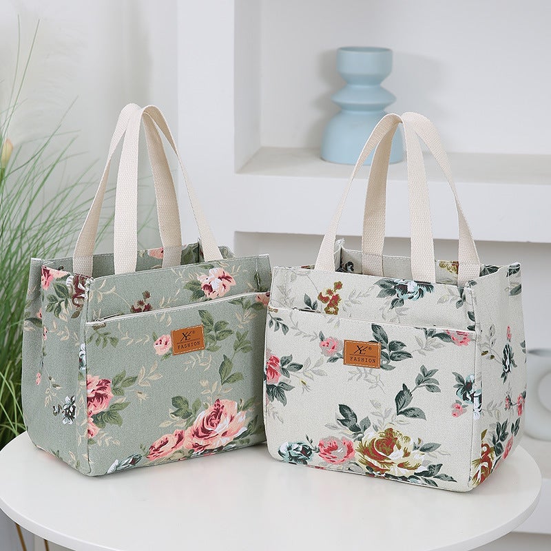 New Fashionable Women'S Portable Printed Canvas Bag For Work, Casual Portable Aluminum Foil Insulated Lunch Bag, Mommy Bag - Image 3