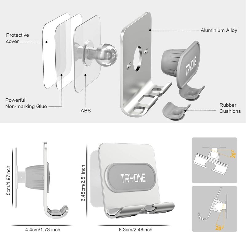 Tryone حامل هاتف محمول مثبت على الحائط - حامل هاتف مرآة قابل للتعديل مع 2 لاصق لاصق لحمام أو غرفة نوم أو مطبخ أو سكن طلابي، متوافق مع سلسلة آيفون أو هواتف ذكية أخرى - Image 2