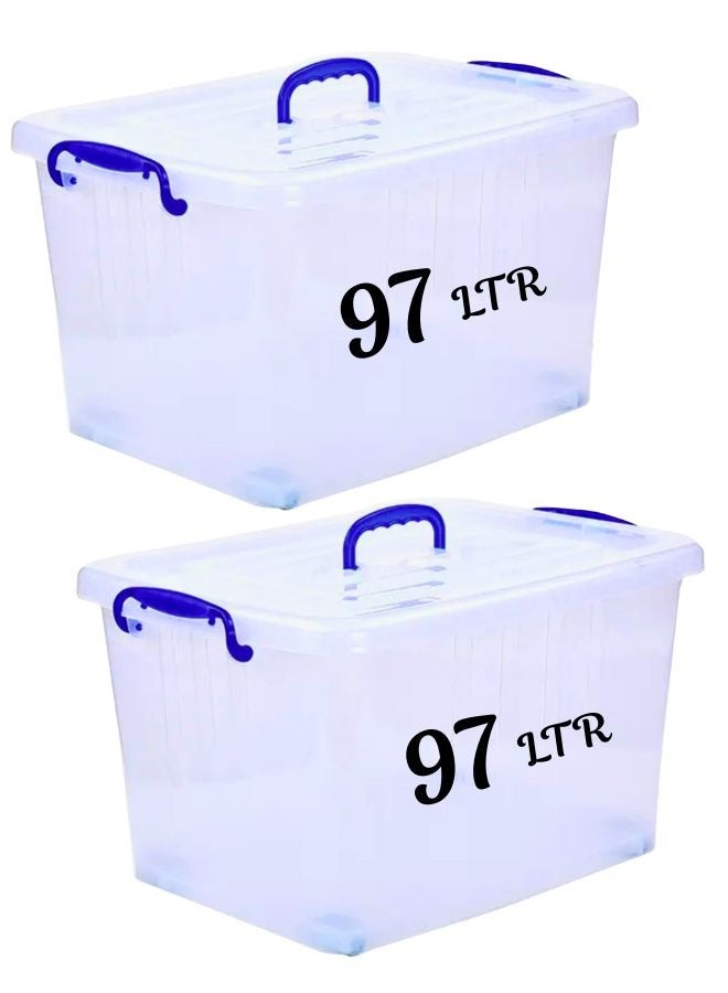 هيواري صندوق تخزين بلاستيكي من هايوير، سعة 97 لترًا، طقم من قطعتين بغطاء قابل للقفل وعجلات | صناديق تخزين بلاستيكية شفافة بأغطية | منظم شفاف للملابس والألعاب والأدوات والحرف اليدوية | حاويات تخزين منزلية (طقم من قطعتين) - Image 1