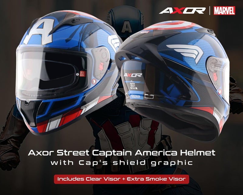Axor Street Marvel Captain America ISI ECE and DOT Certified Lightweight Full Face Helmet for Men and Women with Scratch and UV Resistant Dual Visors-Dull Blue Red White-L - Image 3