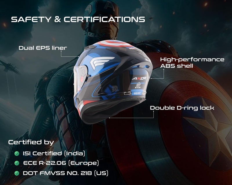 Axor Street Marvel Captain America ISI ECE and DOT Certified Lightweight Full Face Helmet for Men and Women with Scratch and UV Resistant Dual Visors-Dull Blue Red White-L - Image 4