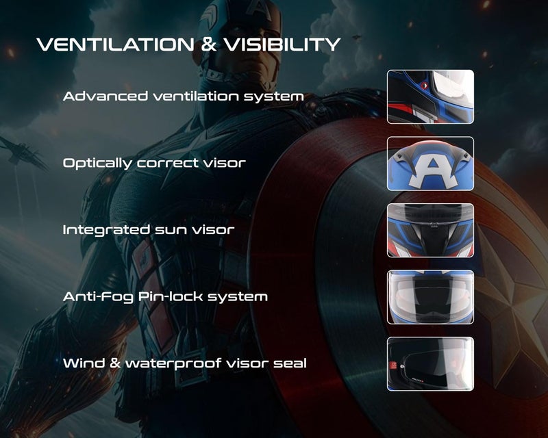 Axor Street Marvel Captain America ISI ECE and DOT Certified Lightweight Full Face Helmet for Men and Women with Scratch and UV Resistant Dual Visors-Dull Blue Red White-L - Image 5