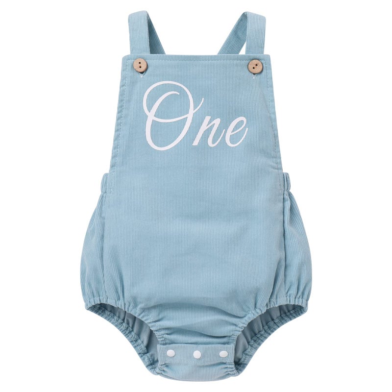 Baby Girls Boys Boho 1st Birthday Outfit Corduroy Solid Color Cake Smash Overalls Romper Sleeveless Backless One Letter Print First Birthday Outfits Clothes for Photo Shoot Blue One 1218 Months
