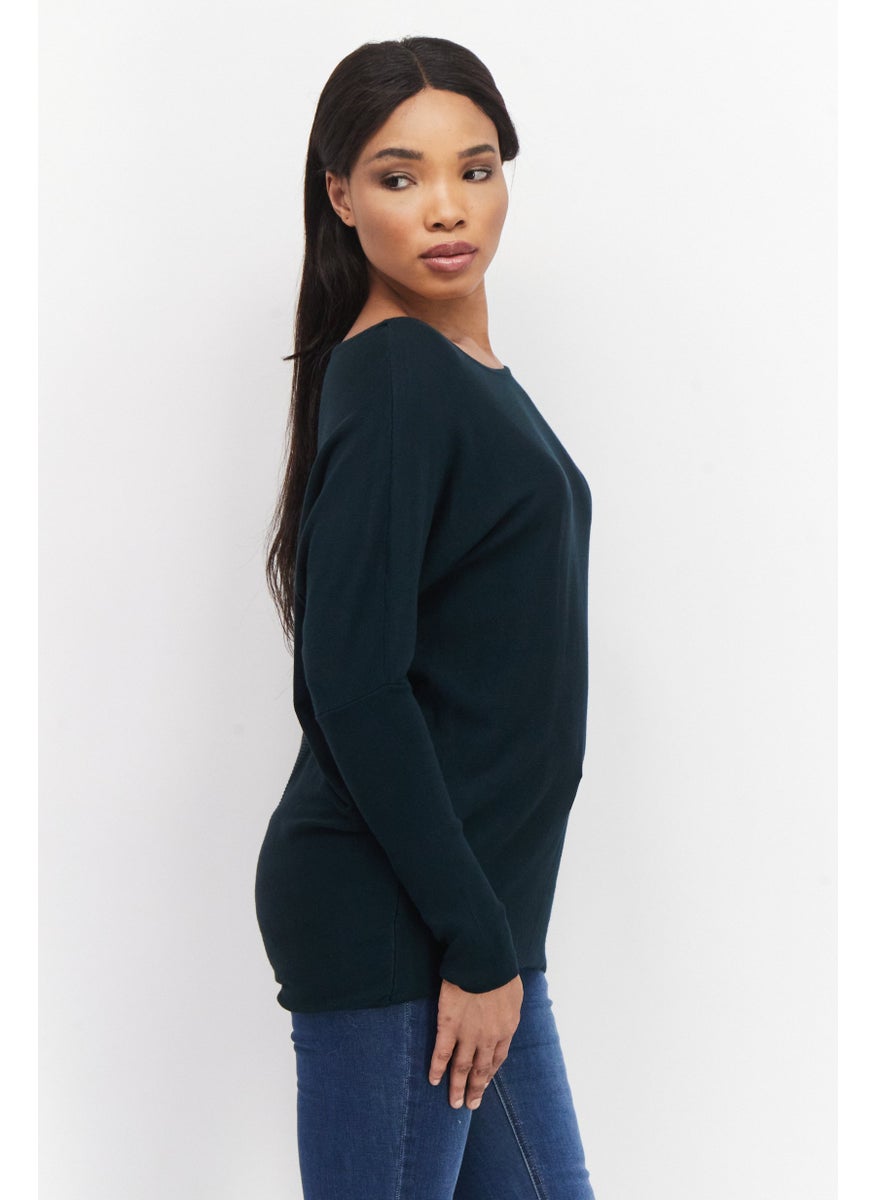 Zero - Women Round Neck Textured Sweater, Dark Green - Image 1