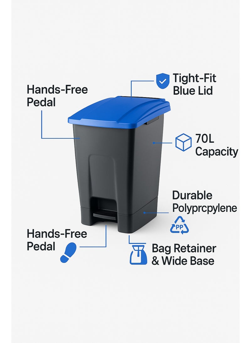 بلانيت سلة مهملات70 لتر بلانيت مع دواسة قدم ومقبض من البلاستيك الصلب المستخدم في المدارس والمستشفيات والجامعات ومراكز التسوق باللون ازرق - Image 4