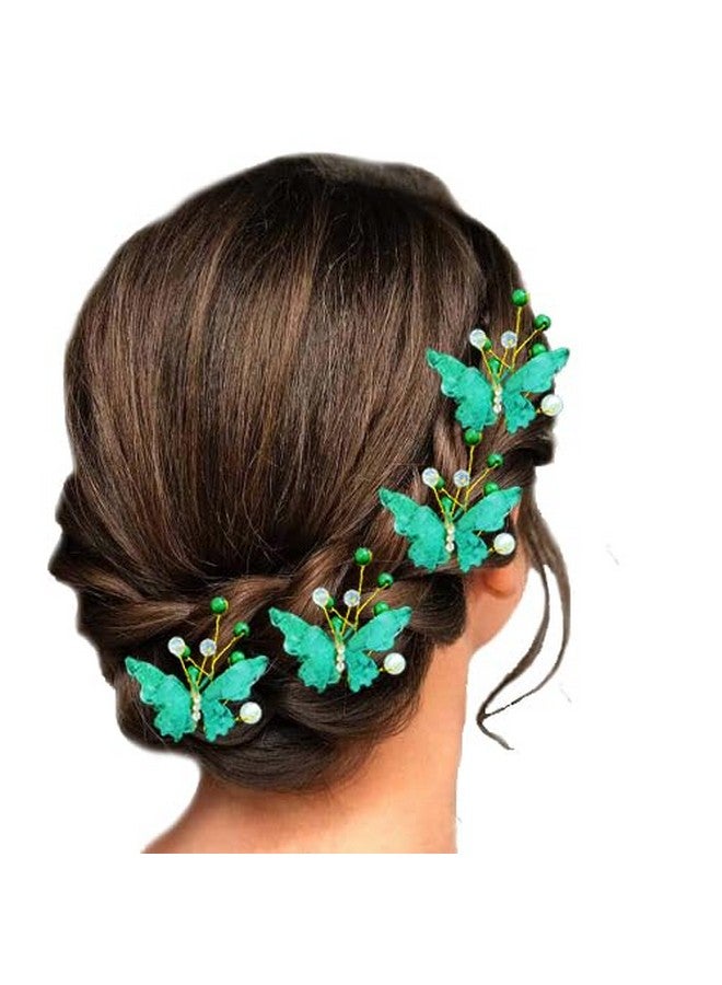 Ansh Artificial Plastic Butterfly Flower with Pearls/ Stone Design Hairpin/ Hair Clip/ Judabun | Bridal Hair Accessories for Women & Girls - Green, 2259, Combo of 5 - Image 3