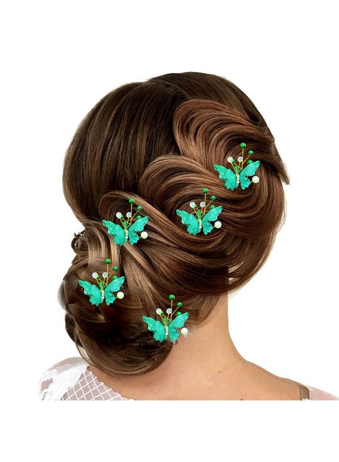 Ansh Artificial Plastic Butterfly Flower with Pearls/ Stone Design Hairpin/ Hair Clip/ Judabun | Bridal Hair Accessories for Women & Girls - Green, 2259, Combo of 5 - Image 1